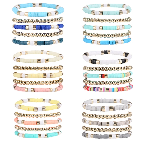 Bohemian Polymer Clay Beaded Bracelet Stackable Alloy Metal Round Beads Beach Style Jewelry Fashion Accessory Unisex