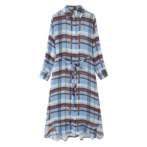 Kariertes Langarm Hemdkleid Damen Polyester Knopfleiste Mit Gürtel Unregelmäßiger Saum Lässiges Elegantes Maxikleid