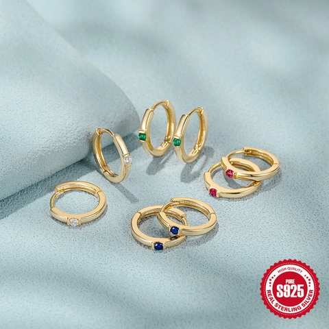 Huggie Hoop Earrings 925 Sterling Silver Gold Plated Geometric Zirconia Minimalist Fashion Accessory For Women