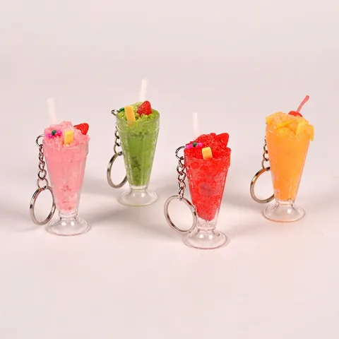 Simulation Ice Cream Sundae Smoothie Cup Keychain PVC Plastic Fruit Miniature Drink Bag Charm Pendant Kawaii Gift