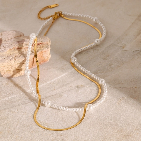Layered Artificial Pearl Necklace Gold Plated Stainless Steel Herringbone Snake Chain Waterproof Hypoallergenic Jewelry Women