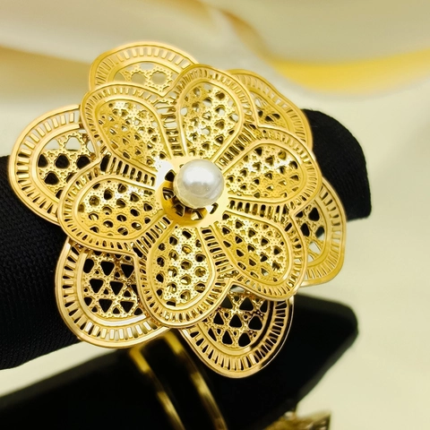 Holle Bloem Statement Ring Roestvrij Staal Verguld Meerlagig Verstelbare Open Ring Met Kunstparel Zirkoon Voor Dames