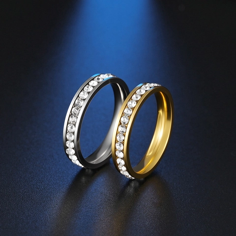 Eternity Ring Stainless Steel Single Row Rhinestone Channel Setting High Polished Minimalist Classic Jewelry For Women