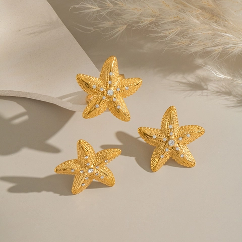 Starfish Stainless Steel Earrings And Ring With Rhinestone Gold Plated Waterproof Hypoallergenic Beach Vacation Elegant