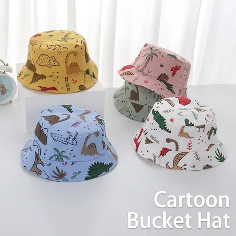 Süßer Cartoon Dinosaurier Druck Baumwolle Anglerhut Für Kleinkinder Baby Sonnenschutz Fischerhut Mit Windband Für Jungen Mädchen