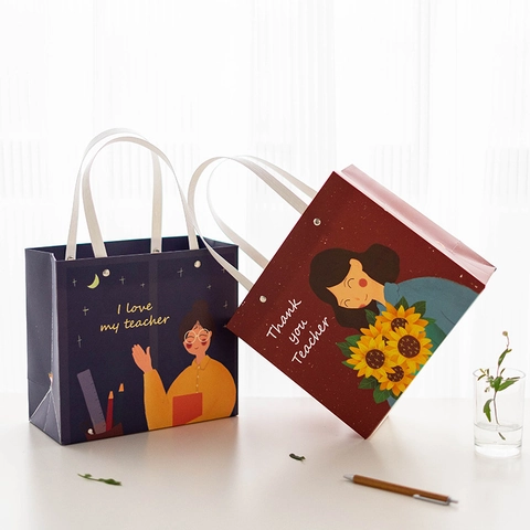 Sac Cadeau Papier Portatif Carton Dorure À Chaud Illustration Remerciement Professeur Poignée Rivetée