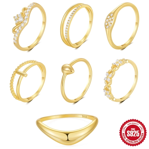 925 Sterling Silver Rings Gold Plated Cubic Zirconia Double Layer Cross Crown V Shape Flower Jewelry For Women