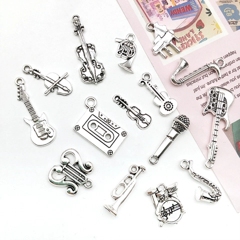 Antique Silver Zinc Alloy Musical Instrument Charms Guitar Violin Saxophone Piano Music Note DIY Jewelry Making Pendants