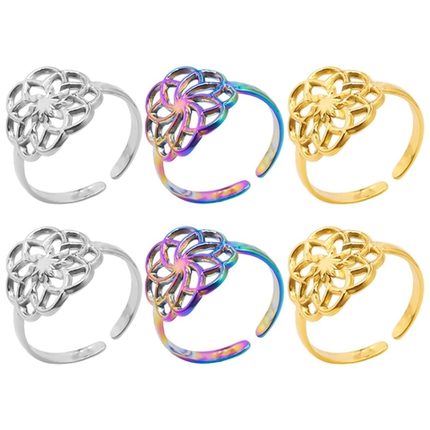 Mandala Flower Stainless Steel Ring Hollow Geometry Pattern Open Adjustable Minimalist Bohemian Jewelry For Women