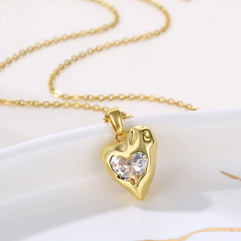Edelstahl Herz Anhänger Halskette Vergoldet Mit Zirkonia Unregelmäßige Textur Modeschmuck Für Damen