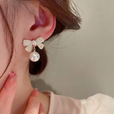 Bow Letter Faux Artificial Pearl Drop Earrings For Women Elegant Alloy Rhinestone Jewelry With 925 Sterling Silver Earring Post