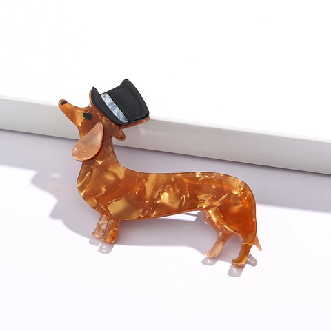 Teckel Hond Broche Acryl Acetaat Dieren Pin Met Zwarte Hoed Schildpad Textuur Mode Accessoire Voor Dames