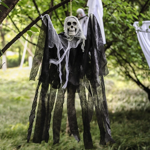 Halloween Hanging Ghost Decoration Scary Skeleton Prop With Gauze Robe For Outdoor Yard Haunted House Party Decor