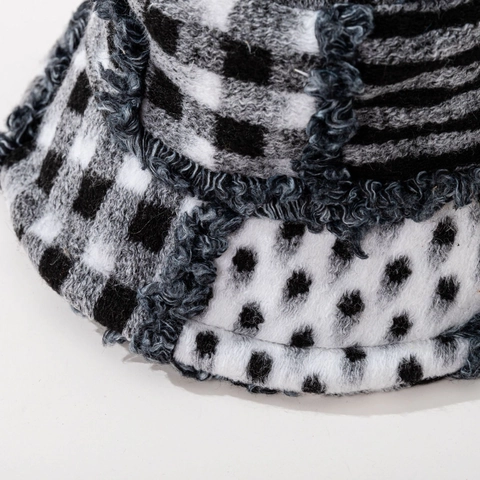 Patchwork Bucket Hat Woolen Plaid Checkerboard Pattern Frayed Edge Warm Winter Basin Hat For Women And Men