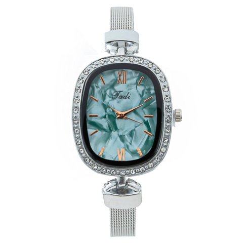 Elegant Fashion Oval Women Quartz Watch With Rhinestone Bezel Milanese Mesh Alloy Band Marble Texture Dial Ladies Wristwatch