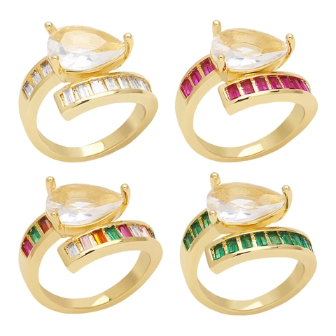 Pear Cut Cubic Zirconia Adjustable Ring Baguette Side Stones Gold Plated Brass Bypass Design Jewelry For Women