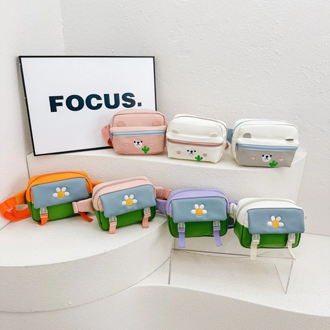 Kinderen Crossbody Tas Mini Borsttas PU Leer Cartoon Beer Madeliefje Borduren Verstelbare Riem Schattig Voor Jongens Meisjes