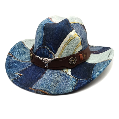Cappello Da Cowboy Western Vintage Patchwork Denim Fedora A Tesa Larga Con Fascia In Pelle E Decorazione Testa Di Toro
