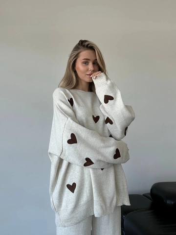 Pull En Maille Pour Femme Et Pantalon Large Broderie Coeur Col Rond Oversize Manches Longues Loungewear Automne Hiver
