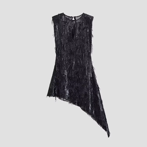Women Sleeveless Sequin Fringe Dress Asymmetrical Hem Crew Neck Party Clubwear Sexy Mesh Evening Attire