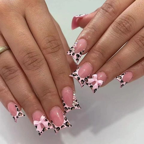 Pink French Leopard Print Press On Nails With Dimensional Bow And Rhinestone Long Square Glossy Artificial Fingernails