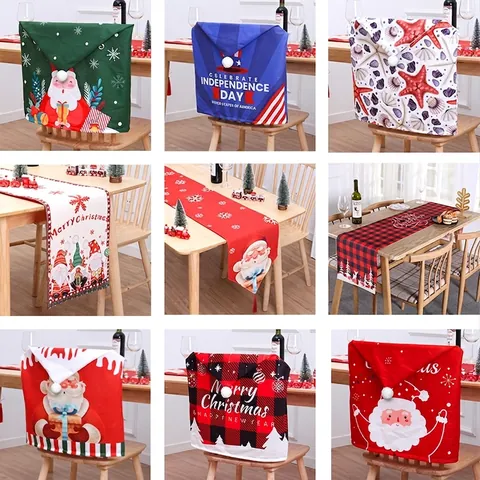 Christmas Chair Back Covers Santa Snowman Printed Fabric Protective Slipcovers Dining Room Party Decor Banquet Home