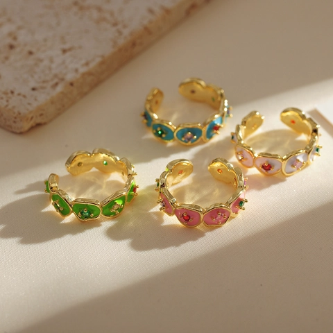 Koreanischer Stil INS Mode Bunte Emaille Blume Offener Ring Kupfer Vergoldet Verstellbar Strass Eingelegter Ring Für Damen