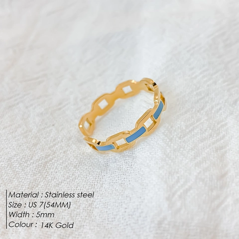 Hollow Chain Open Ring Gold Plated Stainless Steel With Blue Enamel Minimalist Geometric Fashion Jewelry For Women