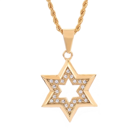 Star Of David Hexagram Pendant Necklace Iced Out Stainless Steel Hollow Religious Hip Hop Jewelry For Men