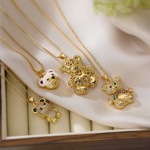 Copper Gold Plated Bear Pendant Necklace With Cubic Zirconia And Faux Artificial Pearl Fashion Animal Jewelry For Women