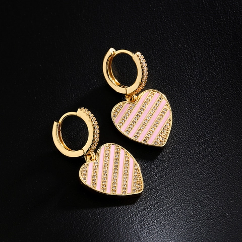 Hart Hanger Hoop Oorbellen Koper 18K Verguld Kleurrijke Emaille Strepen Zirkoon Mode Sieraden Voor Dames