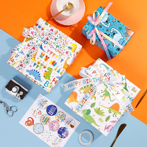 Gift Wrapping Paper Cartoon Dinosaur Unicorn Copperplate Paper For Birthday Party Holiday Celebration Colorful Cute