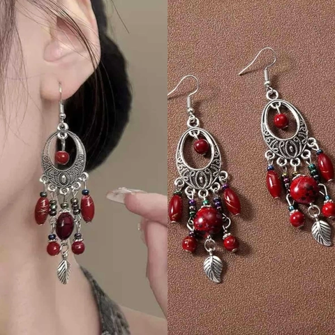 Böhmische Ethnische Hängeohrringe Legierung Hohl Oval Acrylperlen Blattanhänger Silver Earring Post Damen Vintage Stil