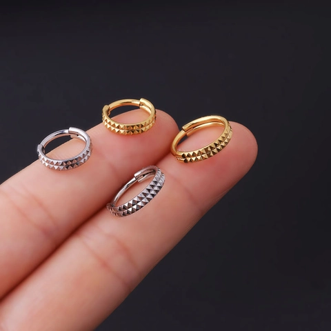 Stainless Steel Nose Ring Hoop Double Row Geometric Pyramid Texture Hinged Seamless Segment Piercing Jewelry Unisex