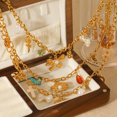 Collier Multi Pendentifs En Acier Inoxydable Plaqué Or Avec Nœud Papillon Cœur Papillon Künstliche Perle Bijoux Pour Femmes Style INS