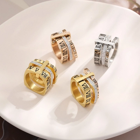 Luxury Roman Numeral Stainless Steel Ring Multi Layer Stacked Zircon Inlaid Gold Rose Gold Silver Band Jewelry For Women