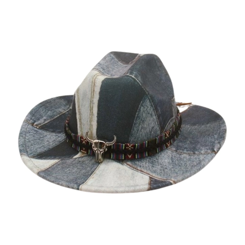 Δυτικό Καπέλο Κάουμποι Vintage Denim Patchwork Έθνικ Ζώνη Μεταλλική Διακόσμηση Κεφάλι Ταύρου Φεντόρα Με Μεγάλο Γείσο