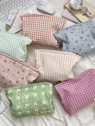 Plaid Floral Cosmetic Bag Large Capacity Portable Toiletry Organizer Polyester Pouch Zipper Closure For Women Travel