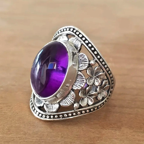 Vintage Bohemian Ring Alloy Purple Oval Gemstone Hollow Floral Engraved Ethnic Style For Women