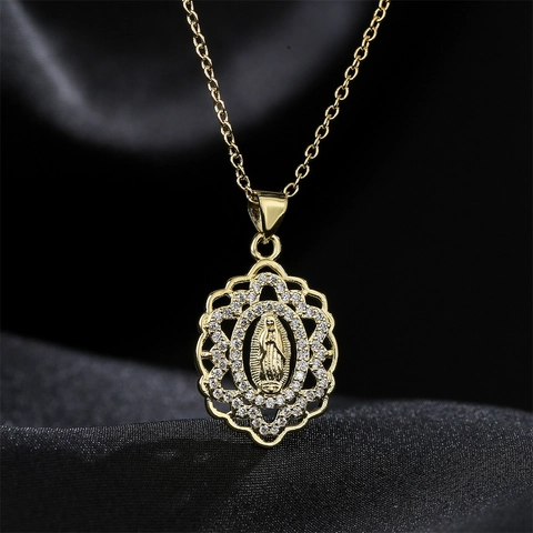 Virgin Mary Pendant Necklace Titanium Steel Gold Plated Sparkling Rhinestone Religious Hollow Out Lace Jewelry For Women