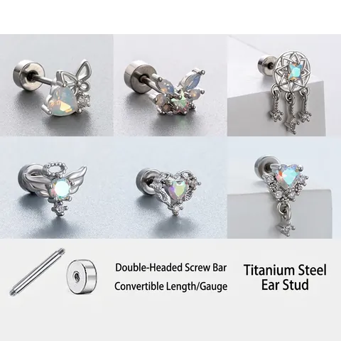 Butterfly Heart Angel Wing Cartilage Stud Earrings Titanium Steel Zircon Iridescent Opal Screw Back Piercing Women