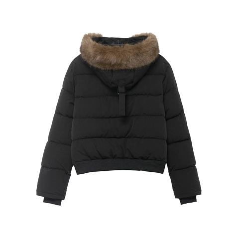 Dames Gewatteerde Jas Met Capuchon En Bruine Kraag Van Kunstbont Korte Winterjas Zwart Warm Polyester Casual Outwear