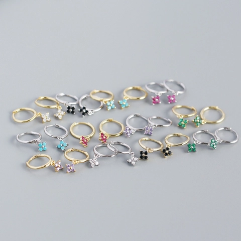 925 Sterling Silver Clover Flower Pendant Huggie Hoop Earrings With Colorful Zircon Dangle Elegant Jewelry For Women