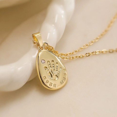 Collana Con Ciondolo Impronta Mano In Rame Con Zircone Placcato Oro Benedizione Ovale Gioielli Vintage Per Donne