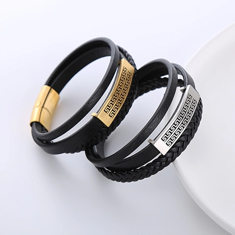 Bracciale Multistrato Da Uomo In Pelle E Acciaio Inossidabile Motivo Meandro Greco Cordino Intrecciato Chiusura Magnetica