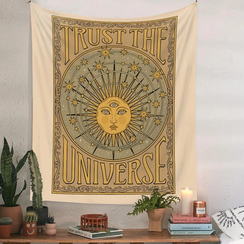 Mystic Tarot Wall Tapestry Polyester Fabric Vintage Bohemian Sun Moon Cat Design Astrology Hanging Cloth For Bedroom Decoration