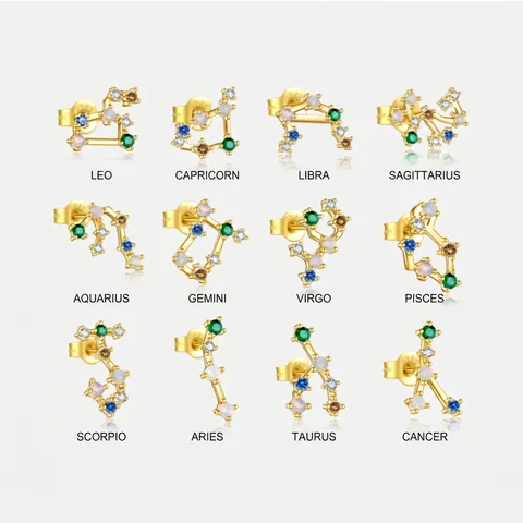925 Sterling Silver Constellation Stud Earrings Multicolor Zirconia Astrology Zodiac Signs Gold Plated Ear Jewelry For Women
