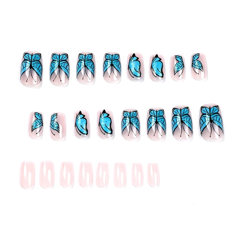 Faux Ongles Press On Papillon Bleu Paillettes Carrés Rose Nude Pour Femmes Style Français Élégant