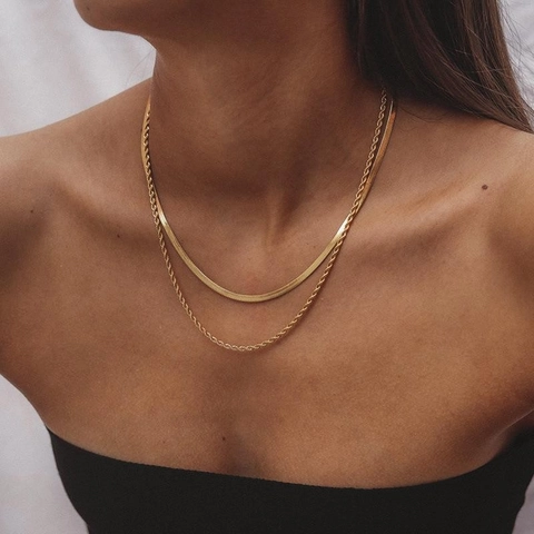 Double Layer Necklace Stainless Steel Snake Bone Chain And Twist Rope Chain 18K Gold Plated Retro Minimalist Jewelry