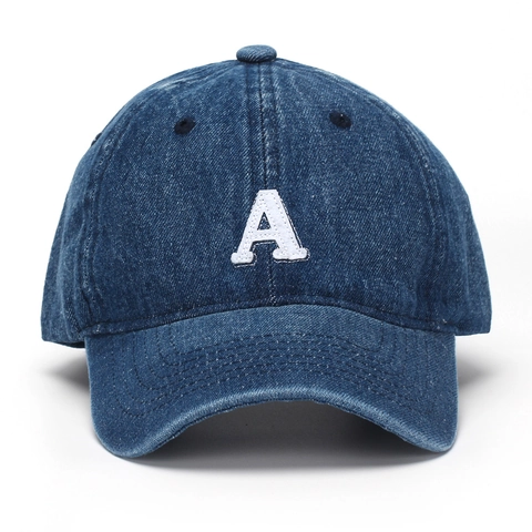 Washed Cotton Denim Baseball Cap With Embroidered Letter A Adjustable Sun Hat Vintage Casual Headwear For Outdoor Sport